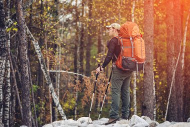 Adam dağ ormanda gidiş sona bir sırt çantası ile