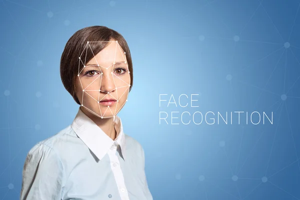 Verificação biométrica mulher detecção de rosto, alta tecnologia — Fotografia de Stock