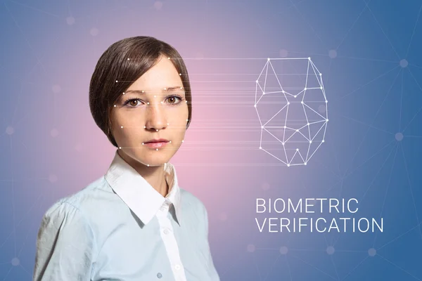 Verifica biometrica donna rilevamento del volto, alta tecnologia — Foto Stock