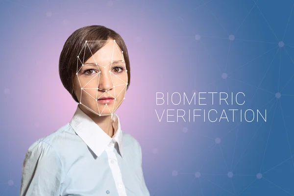 Біометрична перевірка виявлення обличчя жінки, висока технологія — стокове фото