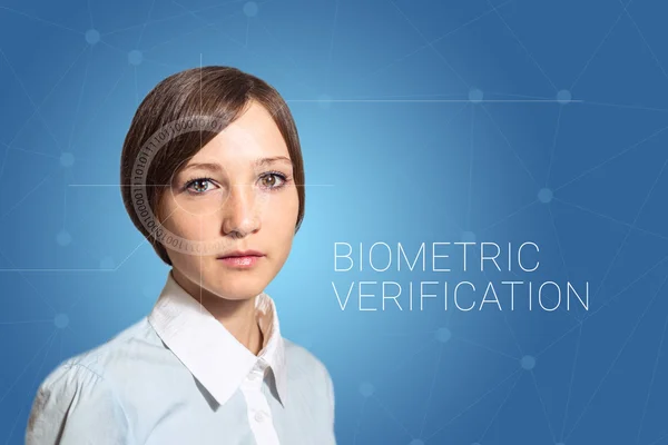 Verifica biometrica donna rilevamento del volto, alta tecnologia — Foto Stock