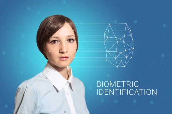 Verifica biometrica donna rilevamento del volto, alta tecnologia — Foto Stock