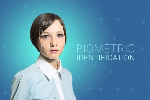 Weryfikację biometryczną kobieta stawić czoło wykrywanie, wysokiej technologii — Zdjęcie stockowe