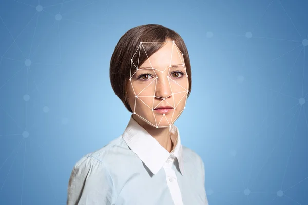 Biometrik verifikasi wanita deteksi wajah, teknologi tinggi Stok Gambar Bebas Royalti