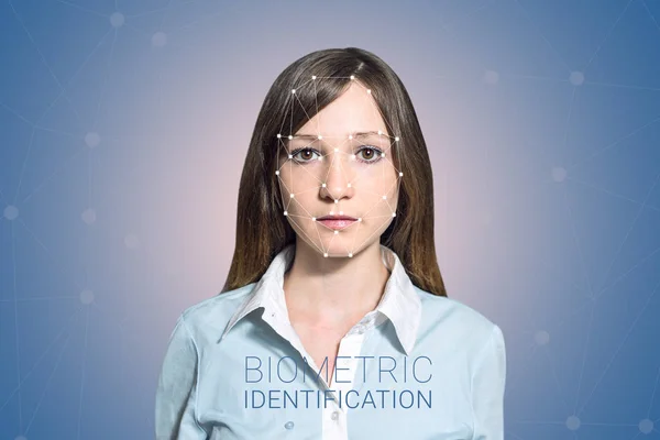 Verificação biométrica mulher detecção de rosto, alta tecnologia — Fotografia de Stock