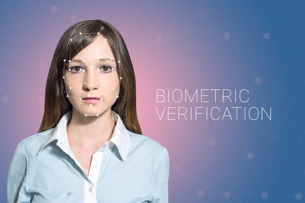 Verifica biometrica donna rilevamento del volto, alta tecnologia — Foto Stock