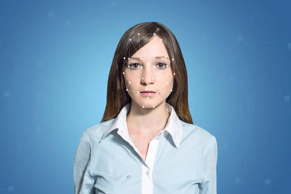 Biometrik verifikasi wanita deteksi wajah, teknologi tinggi Stok Foto Bebas Royalti