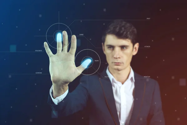 Man passing biometric verification with fingerprint scanner — Stock Photo, Image