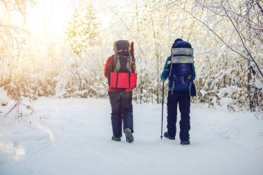 ağaçların arasında bir karlı yolda yürüyen turist yürüyüşçü