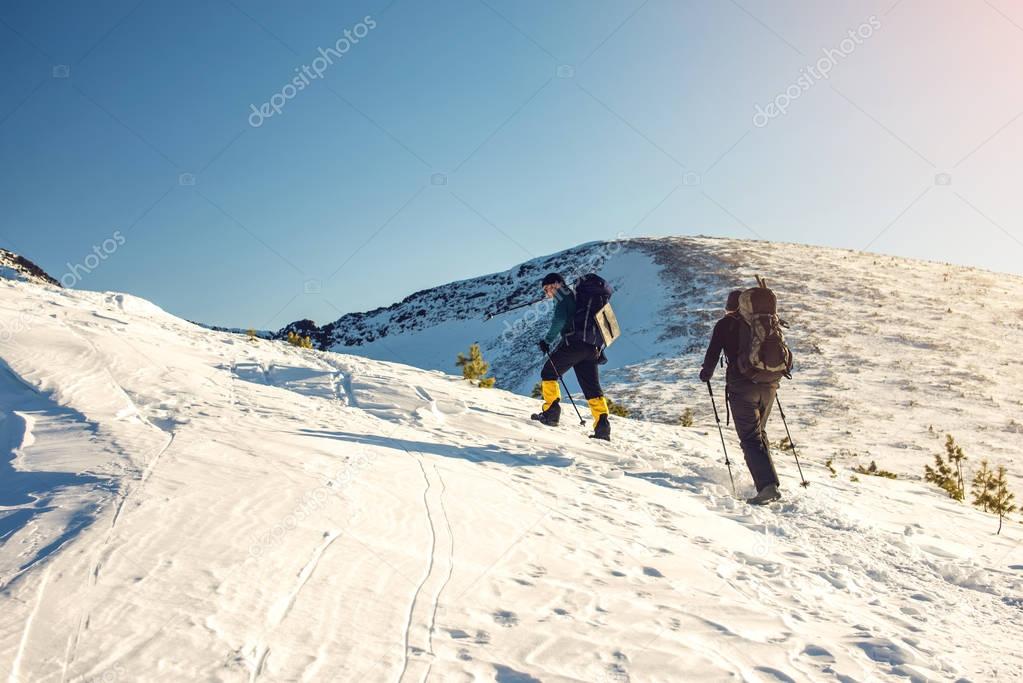hikers traveling on snowy mountains to the top at sunset