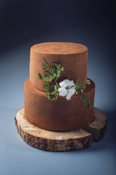 Τρούφα σοκολάτας κλιμακωτή τούρτα πασπαλισμένο με κακάο σε ξύλινη βάση — Φωτογραφία Αρχείου