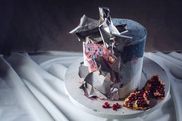 Wedding cake decorated in loft style, decorated with metal plates