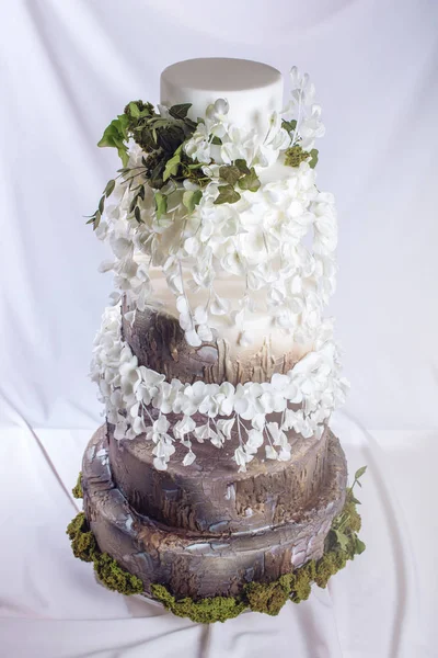 Bolo de casamento na forma de madeira de toco e casca — Fotografia de Stock