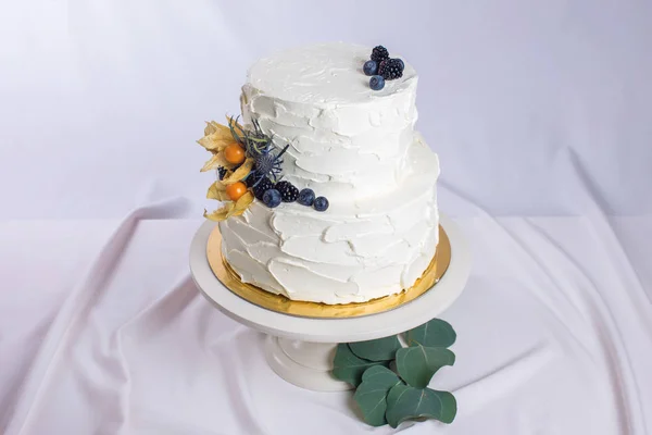 果実で飾られた 2 段ホワイト クリームのケーキ — ストック写真