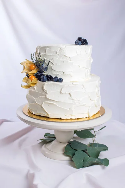 Pastel de crema blanca de dos niveles decorado con bayas —  Fotos de Stock