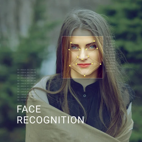 Riconoscimento del volto femminile. Verifica e identificazione biometrica — Foto Stock