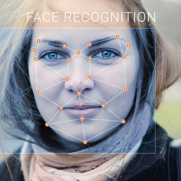 Pengakuan wajah perempuan. Verifikasi dan identifikasi biometrik Stok Gambar