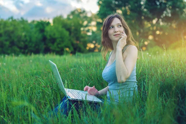 雲と夕日の背景に緑の牧草地に座っている女性。ラップトップに取り組んでいると電話で話して. — ストック写真