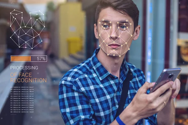 Concept of a new technology of face recognition on polygonal grid is constructed by points of IT security and protection — Stock Photo, Image