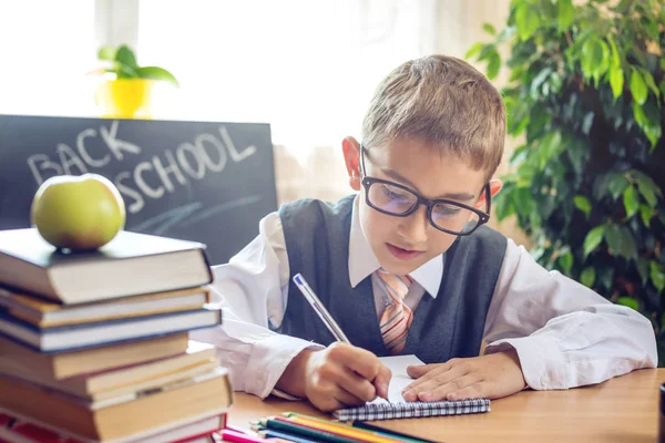 Okula dönüş. Şirin çocuk sınıfta masasında oturuyor. Çocuk dersleri öğreniyor. Kavram İlköğretim Okulu