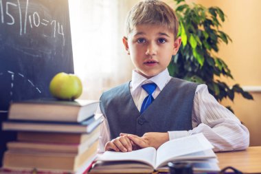 Okula dönüş. Şirin çocuk sınıfta masasında oturuyor. Çocuk dersleri öğreniyor. Kavram İlköğretim Okulu