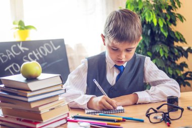 Okula dönüş. Şirin çocuk sınıfta masasında oturuyor. Çocuk dersleri öğreniyor. Kavram İlköğretim Okulu