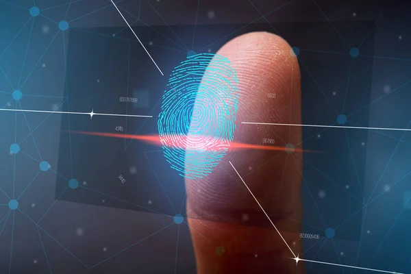 Сканирование отпечатков пальцев. Высокие технологии защиты информации и биометрической идентификации . — стоковое фото