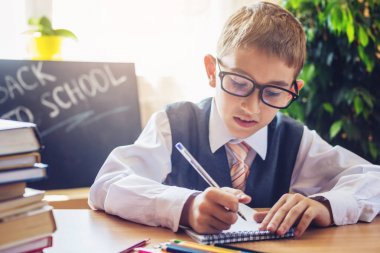 Okula dönüş. Şirin çocuk sınıfta masasında oturuyor. Çocuk ders içinde a defter bir kalem yazar öğrenme