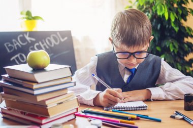 Okula dönüş. Şirin çocuk sınıfta masasında oturuyor. Çocuk ders içinde a defter bir kalem yazar öğrenme