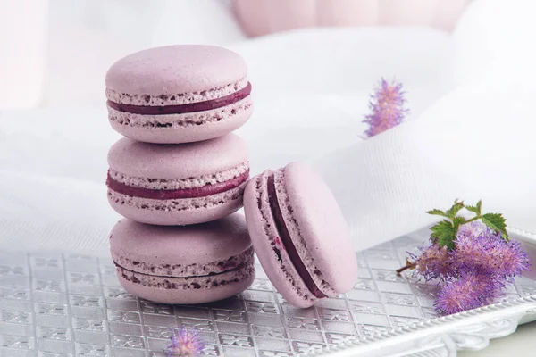 Mor macarons Blackberry ile. Fransız hassas tatlı kahvaltı için