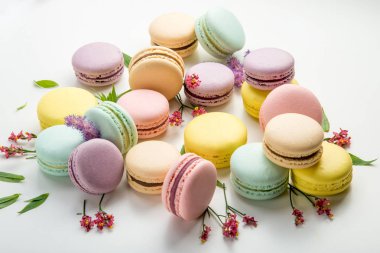 Renkli macarons yaprakları ve beyaz zemin üzerine kırmızı çiçekler ile. Fransız hassas tatlı