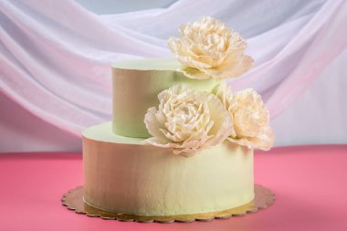 Güzel ev yapımı düğün pastası iki katmanlı bej güller ile dekore edilmiştir..