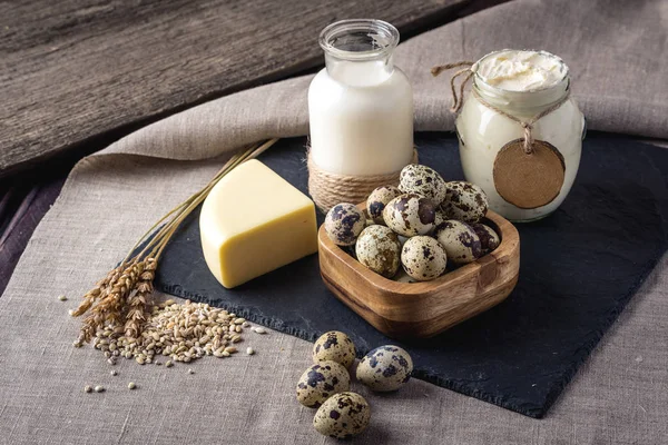 Eko çiftlik ürünleri süt, peynir, ekşi krema, yoğurt, koyu ahşap arka plan üzerinde yumurta. Ev yapımı doğal gıda kavramı