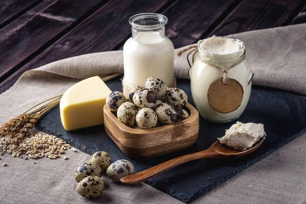 Eko çiftlik ürünleri süt, peynir, ekşi krema, yoğurt, koyu ahşap arka plan üzerinde yumurta. Ev yapımı doğal gıda kavramı