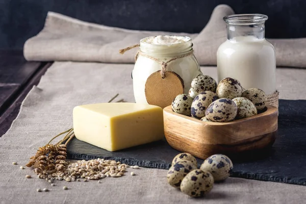 Eko çiftlik ürünleri süt, peynir, ekşi krema, yoğurt, koyu ahşap arka plan üzerinde yumurta. Ev yapımı doğal gıda kavramı