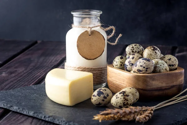 Eko çiftlik ürünleri süt, peynir, yoğurt, koyu ahşap arka plan üzerinde yumurta. Ev yapımı doğal gıda kavramı