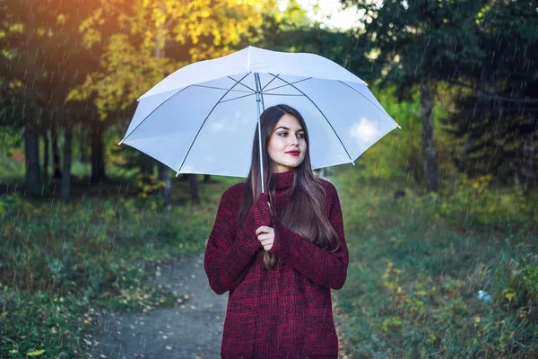 Mutlu genç kadın yağmur altında beyaz bir şemsiye ile Sunny Park'ta yürüyordunuz. Mevsim ve sonbahar ruh kavramı