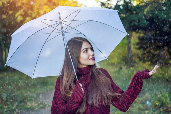 Joyeux jeune femme marchant dans un parc ensoleillé avec un parapluie blanc sous la pluie. Concept de saisons et humeur automnale — Photo