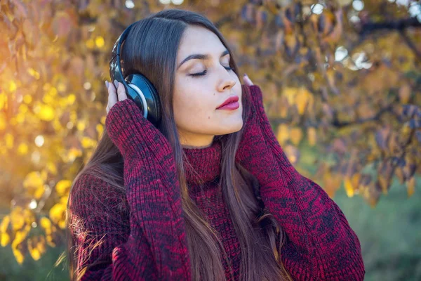 Kobieta w jesienny Park stojący słuchanie muzyki z jej słuchawki. Pojęcie dobrego nastroju, ulubionej muzyki, szczęśliwy czas. — Zdjęcie stockowe