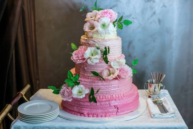 Pembe Gül ve yaprakları bir rustik tarzda dekore edilmiş bir güzel ev düğün dört katlı pasta