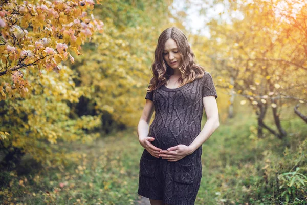 Portrét břicho těhotná žena v barevné podzimní les v září. Těhotenství a v období — Stock fotografie
