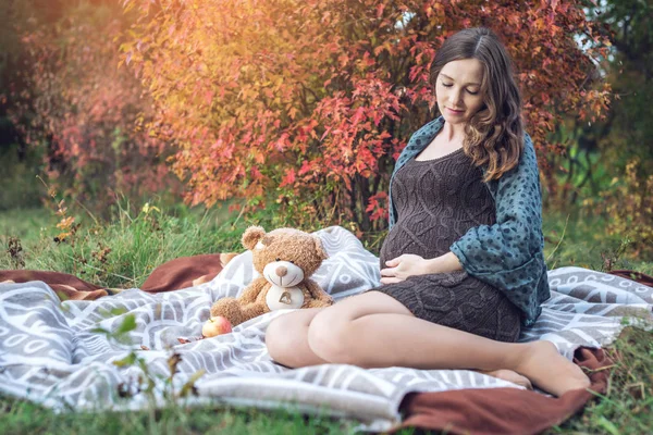 La madre in attesa con una pancia si siede su una coperta e racconta storie al bambino. Concetto di gravidanza e armonia autunnale — Foto Stock