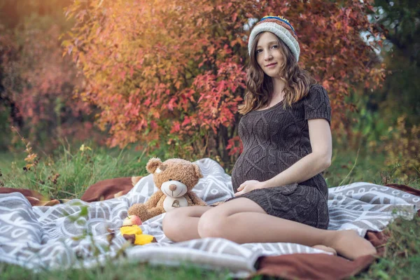 La madre in attesa con una pancia si siede su una coperta e racconta storie al bambino. Concetto di gravidanza e armonia autunnale — Foto Stock