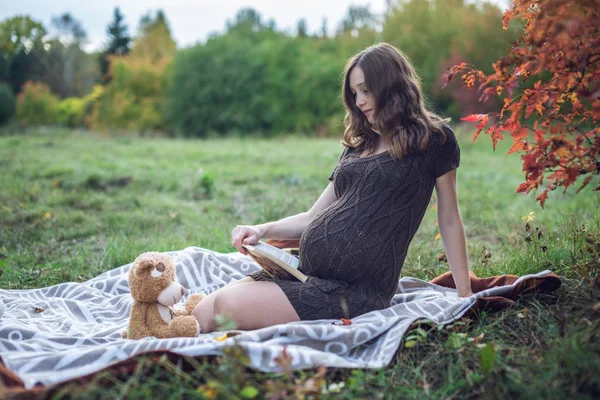 妊娠中の女性と赤ちゃんに物語を読んでおなか。妊娠と秋の調和の概念 — ストック写真