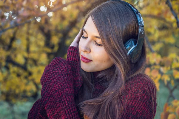 Sonbahar Park ayakta dinleme kadın onun kulaklık ile müzik. İyi bir ruh hali, favori müzik, mutlu zaman kavramı.