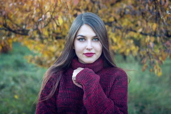 Schöne bunte Porträt einer Frau in rotem Pullover und hellem Lippenstift im herbstlichen Park. Konzept der Herbststimmung — Stockfoto