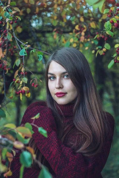 Retrato de mulher em vestido vermelho em bosque de cereja de outono escuro. Conceito para design de arte da moda como pano de fundo para texto — Fotografia de Stock