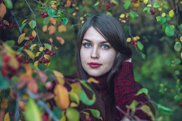 Portrait de femme en robe rouge dans une cerisaie d'automne sombre. Concept pour la conception de l'art de la mode comme fond pour le texte — Photo