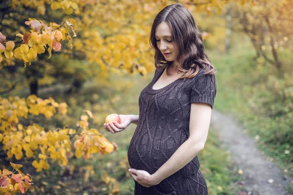 Porträt der schwangeren Frau Bauch in bunten Herbstwald im September. Konzept der Schwangerschaft und der Jahreszeiten — Stockfoto