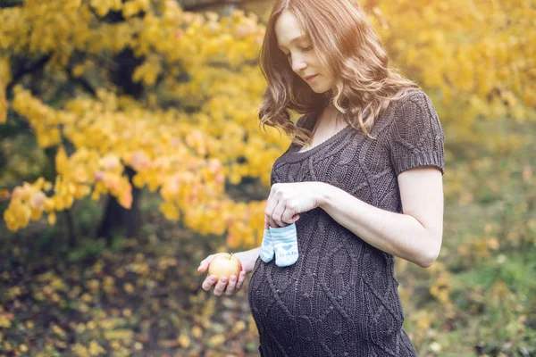 Porträt einer schwangeren Frau mit Booties auf dem Bauch im herbstlichen Wald. Konzept der Schwangerschaft und der Jahreszeiten — Stockfoto